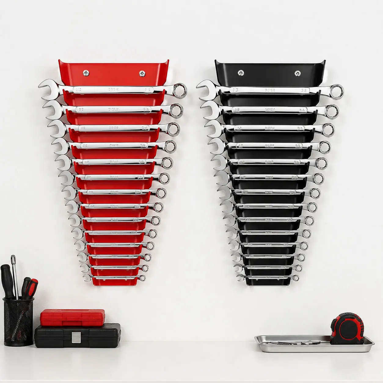 2pcs Wall Mounted 13-Slot Magnetic Wrench Holder - Red/Black Wrench Rack, Pliers Organizer for Pegboards, Hardware Tools Storage & Display for Garage/Workshop Home Organizers