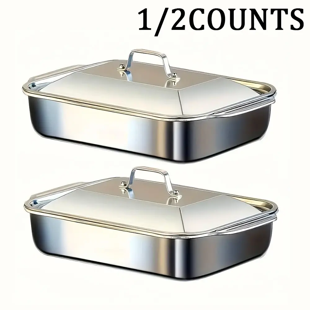 Stainless Steel Baking Pan with Lid, High Quality Bakeware 1/2 Counts Multifunctional Rectangular Baking Pan, Baking Tray for Fish Seafood Barbecue Service & Storage, Rectangular Casserole Dish Baking Dish Set