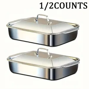 Stainless Steel Baking Pan with Lid, 1/2 Counts Multifunctional Rectangular Baking Pan, Baking Tray for Fish Seafood Barbecue Service & Storage, Rectangular Casserole Dish