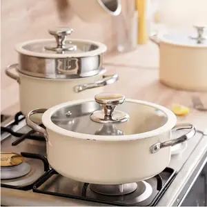 9pcs Stainless Steel Ceramic Coated Pot Set with Glass Cover Cookware Set for Induction & Oven Safe Dishwasher Friendly Modern Design Beige Color Cookware Cookware Cover