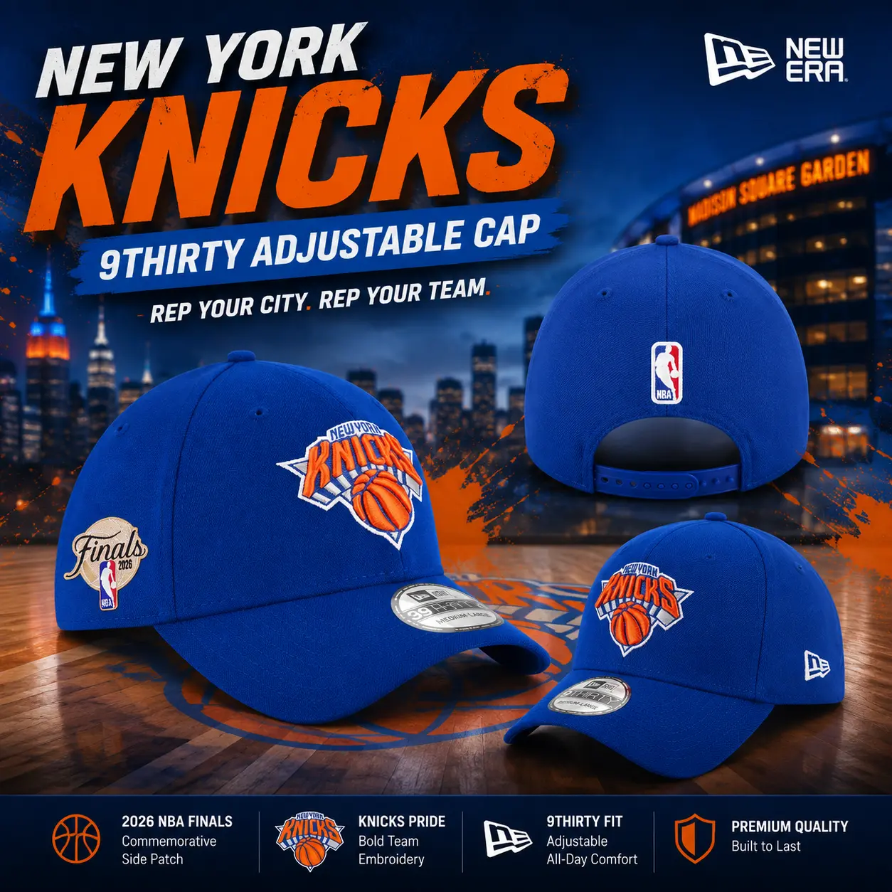 New Era Knicks Royal Blue 39THIRTY Flex Fit Cap 2025 NBA Finals Patch NBA Basketball Hat for Men & Women