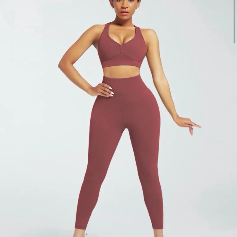 Sculpting Seamless Workout Set High Waist Leggings & Sports Bra in Maroon for Women