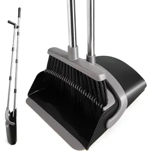 Broom and Dustpan Set, Long Handle Lightweight Dustpans with Broom Combo for Home, Indoor&Outdoor Sweeping for Home Room Kitchen Office Lobby (Charcoal)