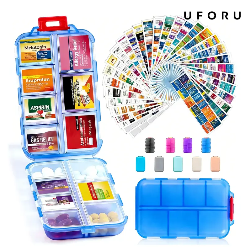 UFORU Lightweight Travel-Size Carry Pill Organizer - 10-Slot Weekly Home Storage Box, Healthcare Aid, Purse Stuffer, Mini Gift, Holds Vitamins, Jewelry & Beads Too, Includes 146 Labels (No Pills Included)