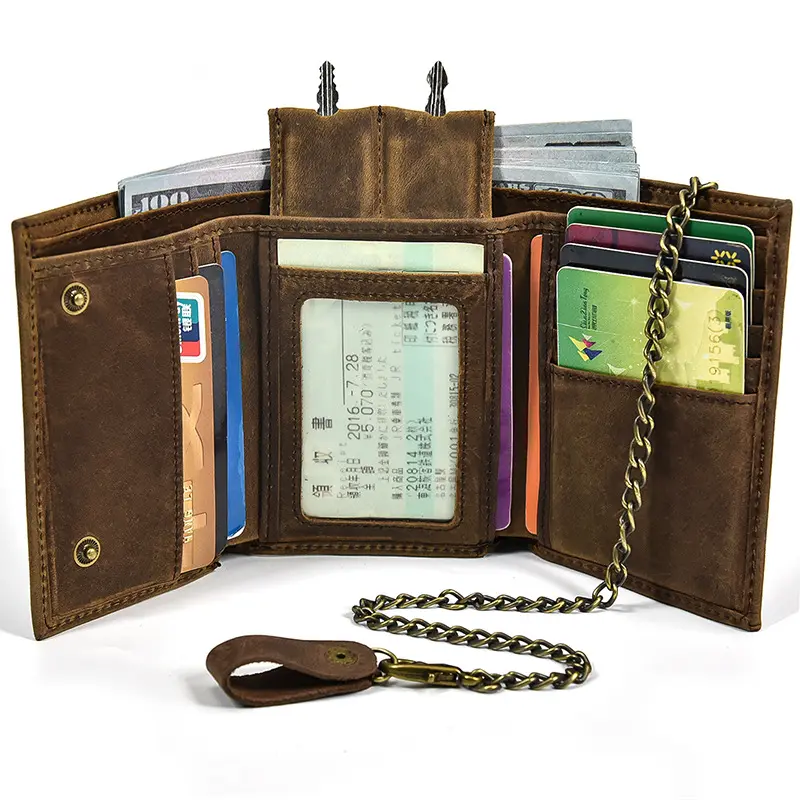 Leather wallet, retro men's crazy horse leather coin purse with multiple card slots, key position, and a chain, three - fold wallet