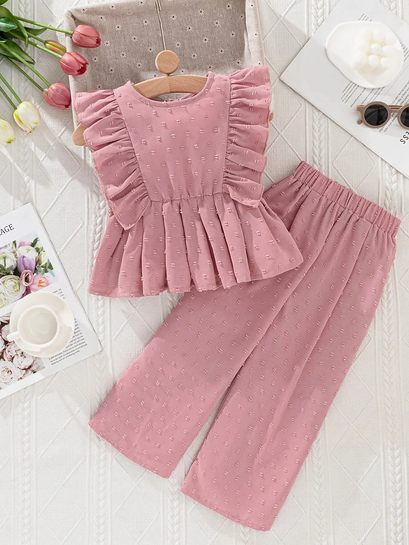 Girls' Two-Piece Set, Solid Color Ruffle Hem Shirt and Wide Leg Pants, Perfect for Casual, Sports, Outdoor Wear, Kids Fashion, Summer Clothing Set, Matching Outfits Set, Summer Clothes Set