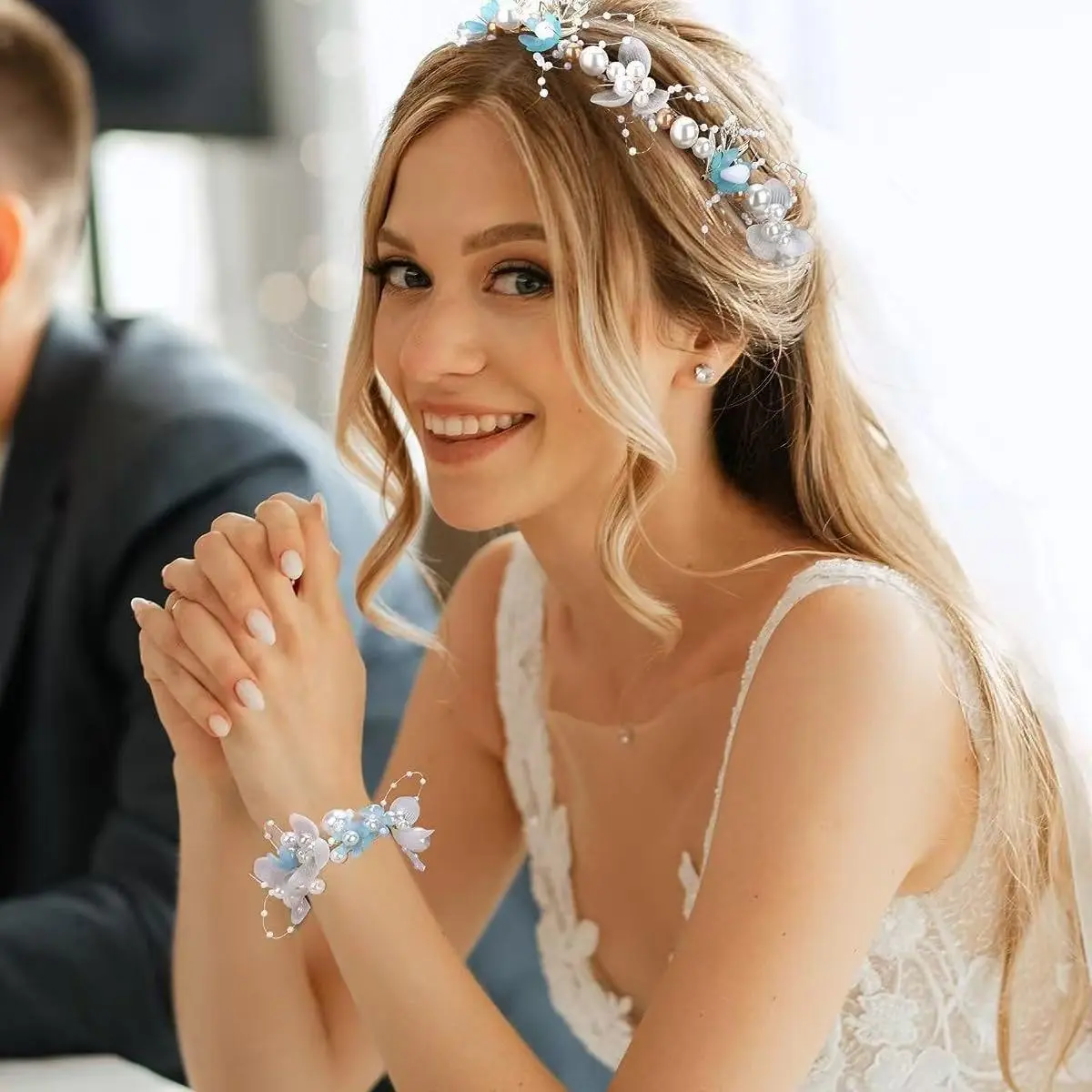 European-style bridal party headband and headpiece, wedding photo shoot handmade floral braided headband and bracelet set, wedding accessories