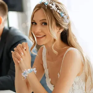 European-style bridal party headband and headpiece, wedding photo shoot handmade floral braided headband and bracelet set, wedding accessories