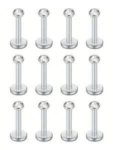 12pcs 16g 3mm Cz Internally Threaded Labret Lip Ring Set, Monroe Tragus Nail Helix Earring Stud Piercing Jewelry, Bar Length 6-10mm, Vertical Labret Jewelry