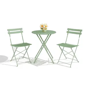 3 piece outdoor metal bistro set, includes 2 patio chairs plus 1 table, flat steel frame for sturdy everyday use, perfect for balcony porch garden or backyard coffee corner, small space patio dining made easy
