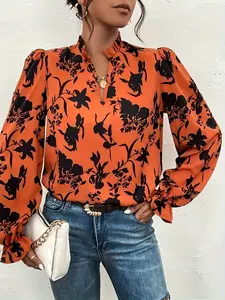 One orange floral-print V-neck long-sleeved woven shirt with wide sleeves, suitable for both work and vacation.