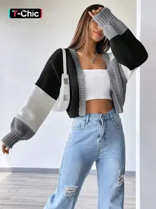 Women's Colorblock Patchwork Long Sleeve Fitted Cardigan Sweater, Casual Retro Vintage Open Front Knitwear for Fall & Winter, Fashion Ladies' Knit Clothing for Daily Wear, Soft Tops, Womenswear