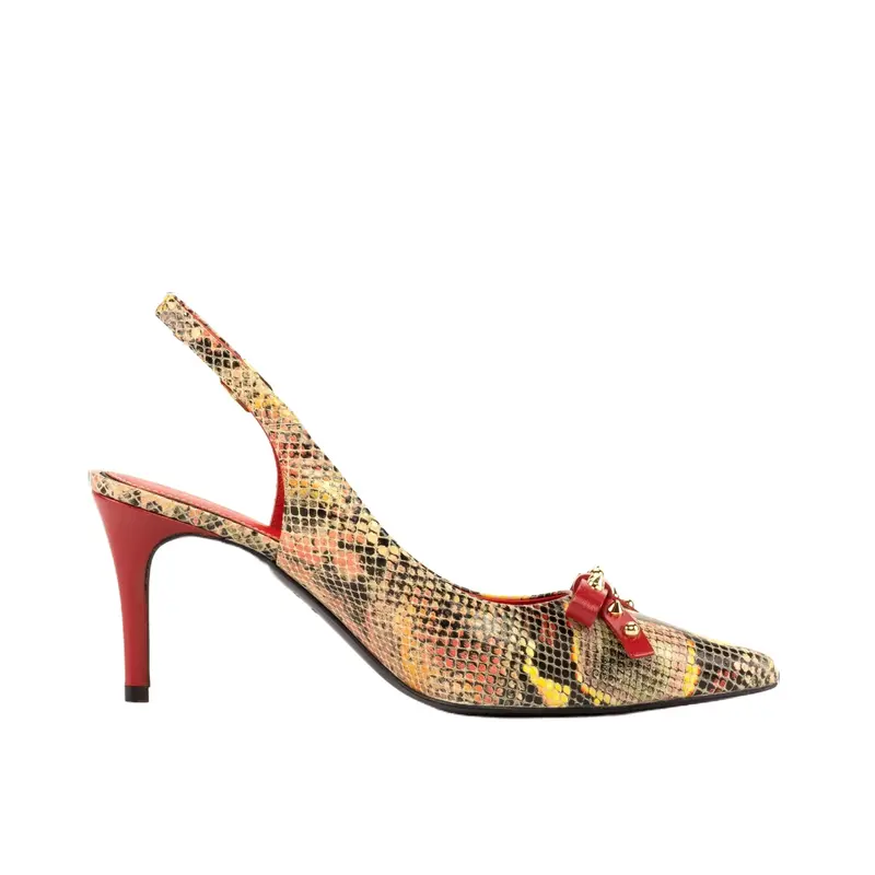 Multicolored Snakeskin-Print Pointed-Toe Slingback with Leather Bow. women heels