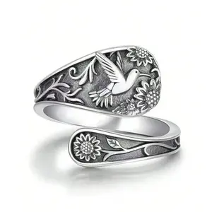 S925 Sterling Silver Vintage Floral Bird Ring - Bohemian Style Adjustable Open Band, Unisex Jewelry, Daily Gift Accessories