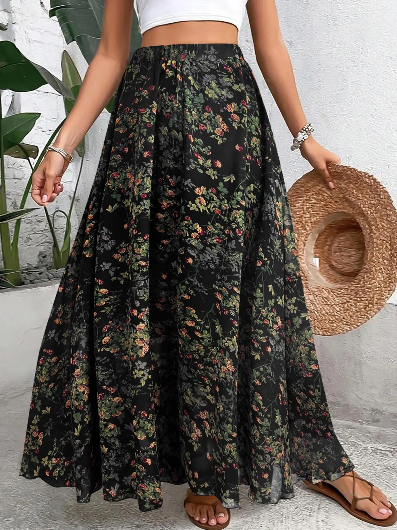 [Plus Size] All Over Floral Print Skirt, Elegant Long Skirt for Women, Casual Boho Fashion Skirt, Women's Bottoms for All Seasons Summer