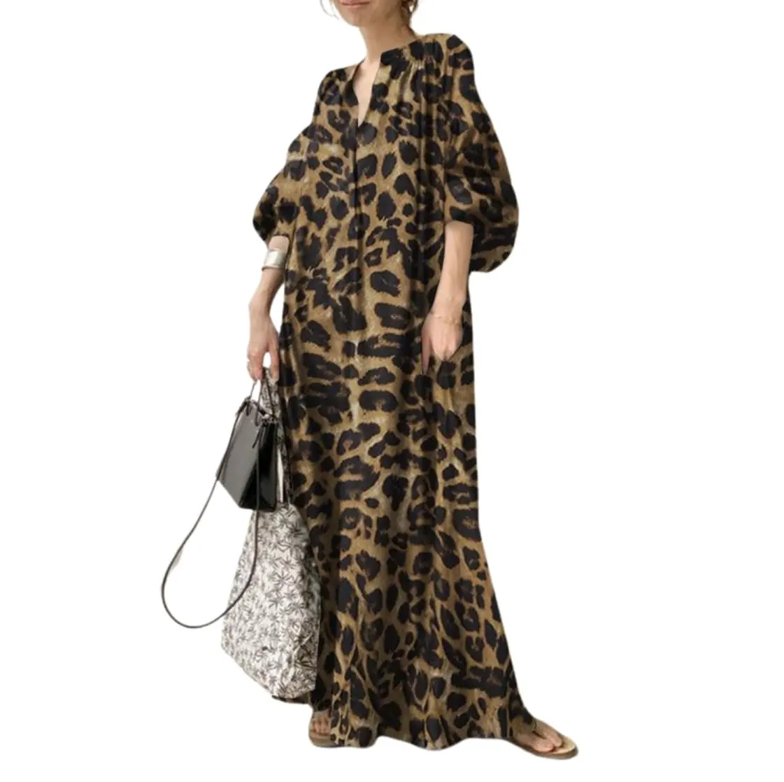 Chouyatou Lady's Summer Leopard Print Maxi Sundress, Casual Wear V-Neck Lantern Sleeve Straight-Cut Women's Dress