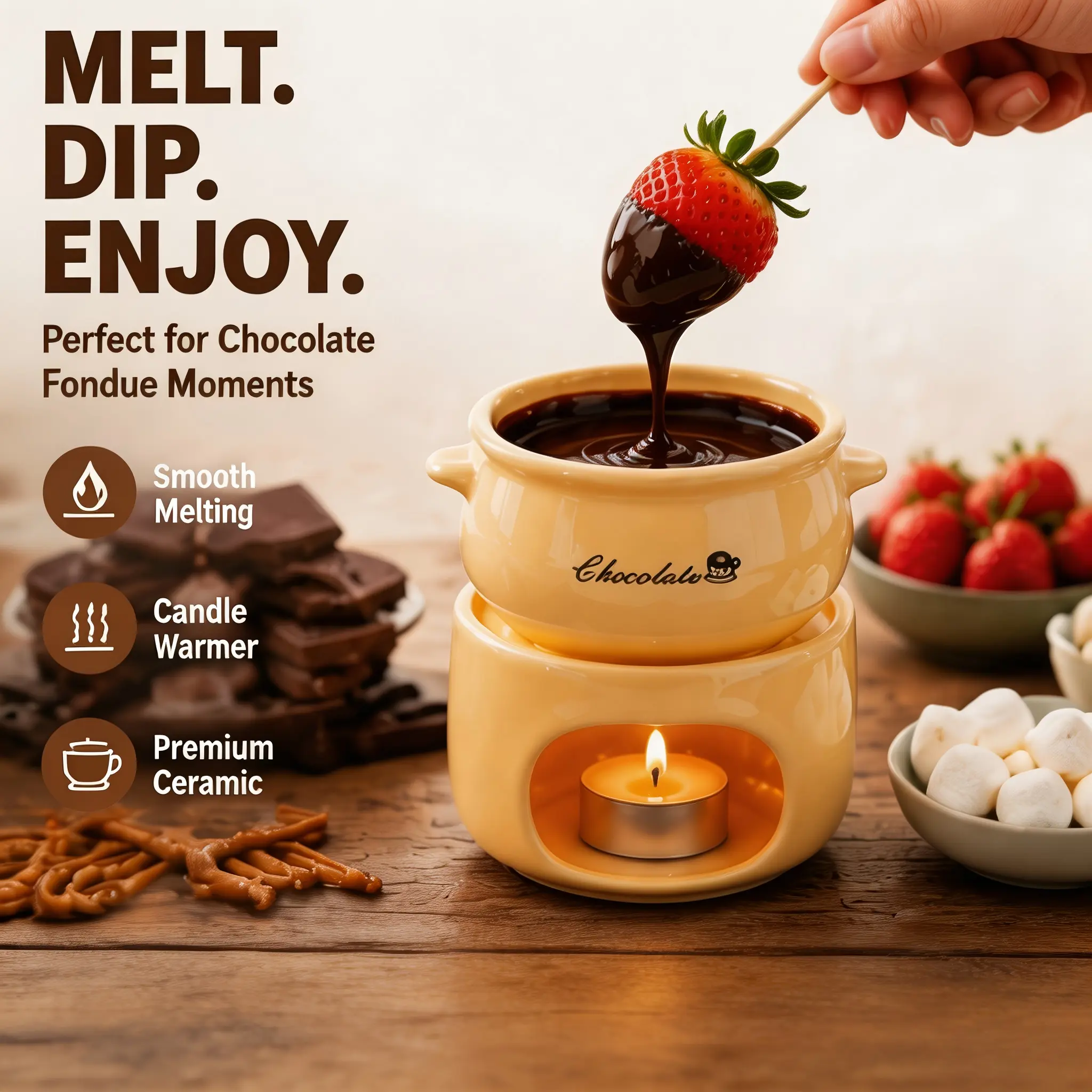 Cute ceramic chocolate melting pot — high-temperature mini chocolate warming cup with candle holder base; melts chocolate/cheese/caramel; perfect for family parties, dates, and dessert lovers.