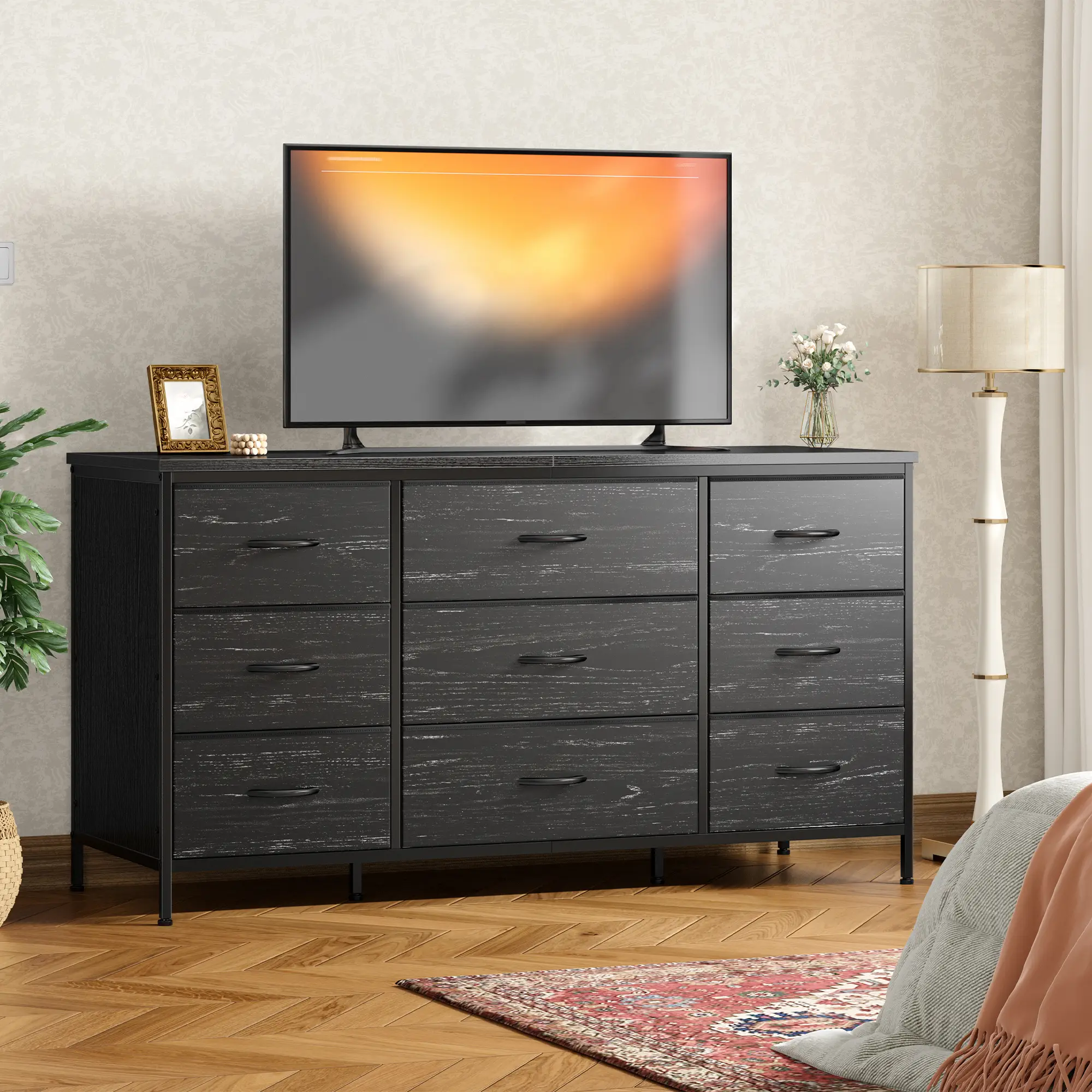 RaybeeFurniture TV Stand with 9 Drawers, Entertainment Center with Sturdy Metal Frame & Wood Top, for Bedroom Living Room,Closet