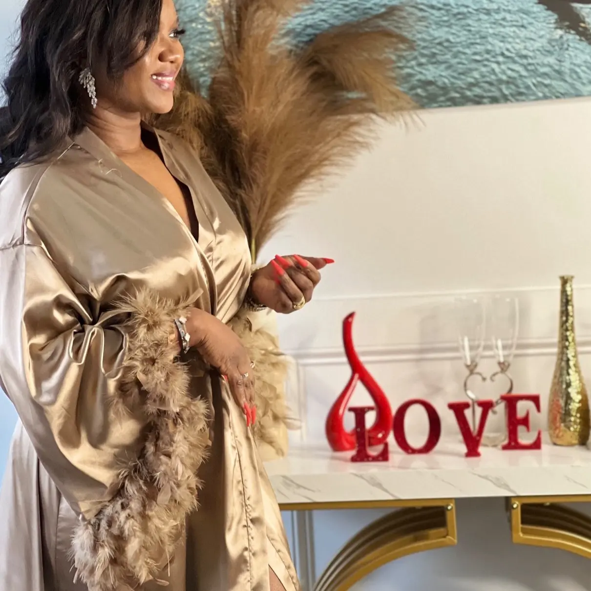 Feather Satin Kimono Robe