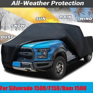 Black Full Truck Car Cover Waterproof Full Exterior Pickup Cover Outdoor Sun UV Rain Dust Protection For Chevrolet Silverado GMC 1500 2500HD 3500HD C10 C20 C30 C1500 / Ford F150 F250 F350 / Dodge Ram 1500 2500