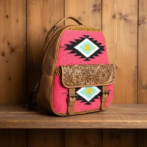 Boho Tribal Style Southwestern Rug Backpack, Female Casual Daypack with Leather Backstrap - Backpacks Women - S-11416