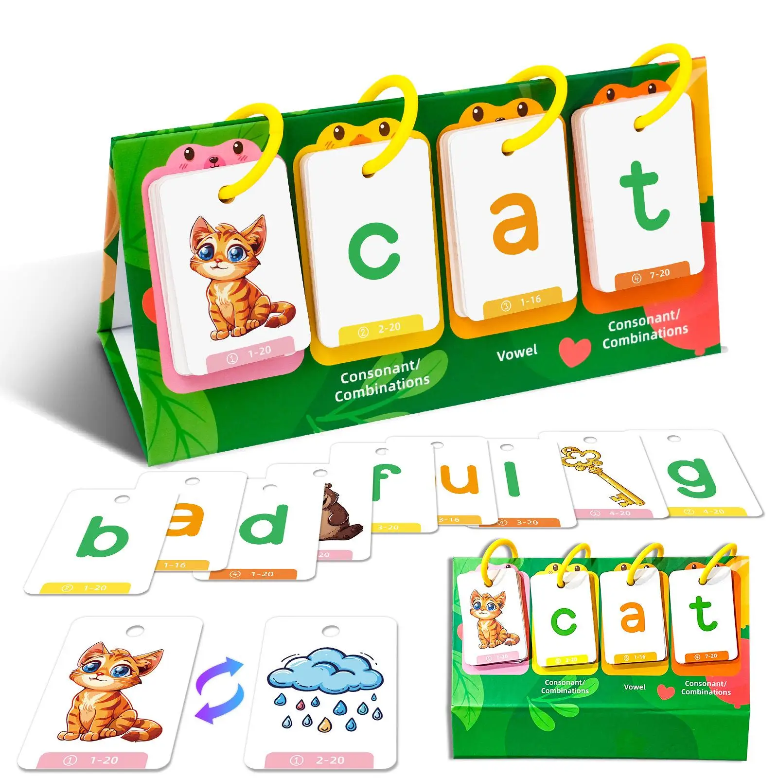 Random Color CVC Word Builder Games Cards, 80 Cards Learn To Read Montessori Word Building Desktop Pocket Chart Flash Cards Kit