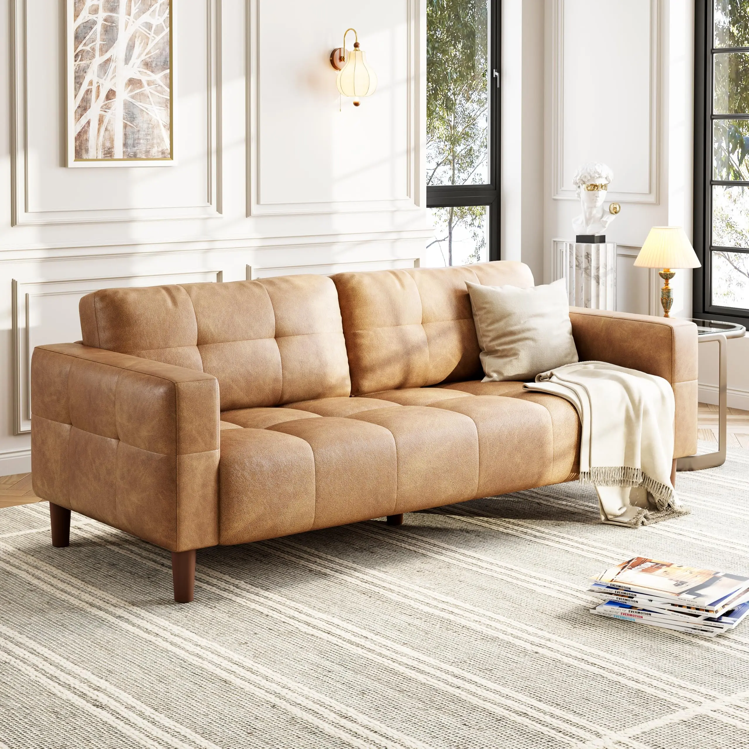 【GARVEE】83.1 Inches Faux Leather Sofa Couch, Oversized Upholstered 3 Seater Sofa with Back Cushion, Mid-Century Modern Couch with Wide Arm, Loveseat Sofa for Office, Living Room, Bedroom, Brown