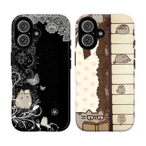 Aesthetic Pusheen Phone Case – Cute Cat Reading Book Design with Vintage Brown Collage, Polka Dot & Scrapbook Style Cover for iPhone & Samsung Galaxy, Soft Girl Cozy Vibes Case, Gift for Him & Her