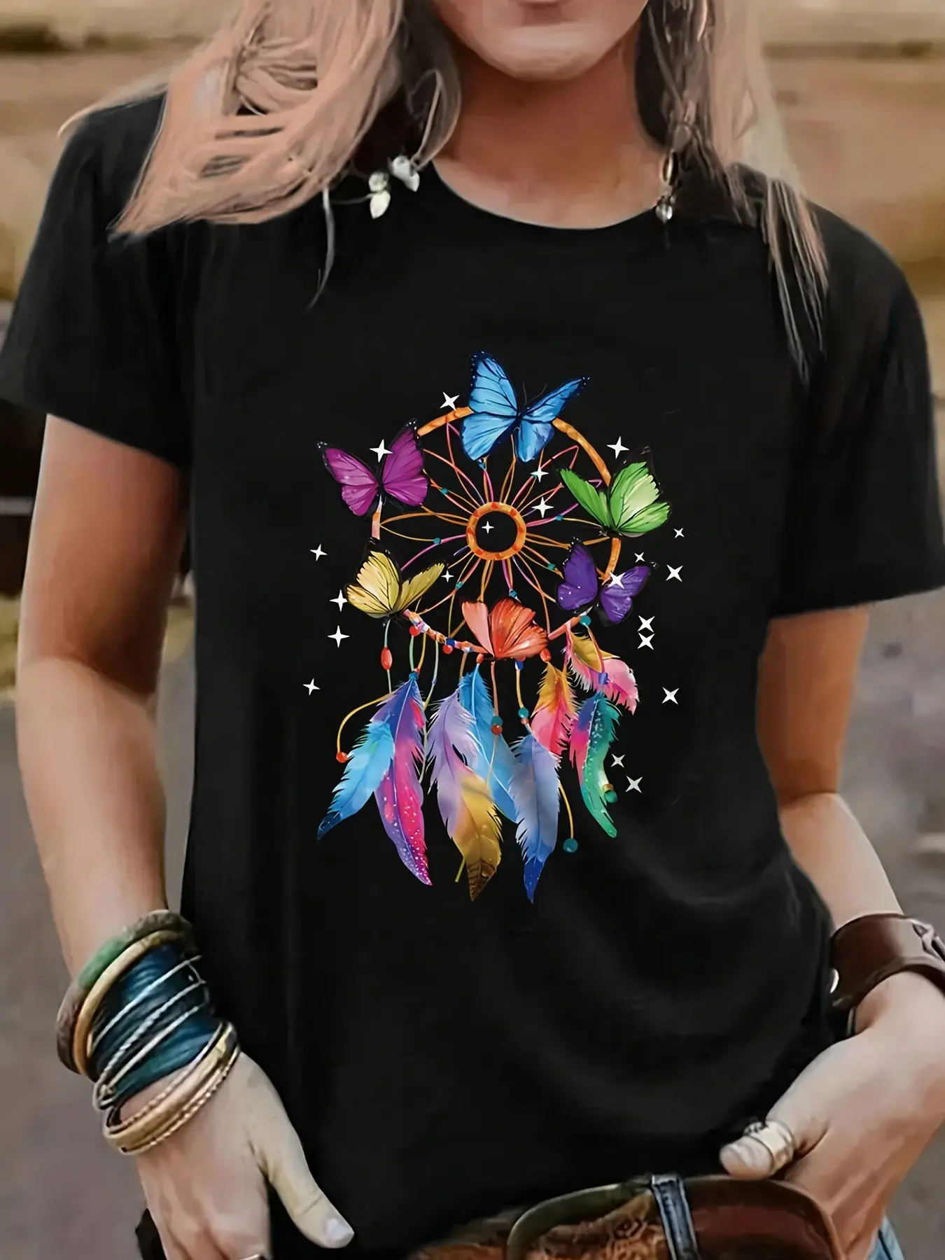 Women'S Boho Colorful Butterfly & Feather Dreamcatcher Graphic Crew Neck Pure Cotton T-Shirt Women Loose Casual Summer Tops