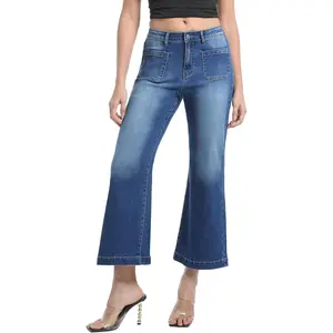 Women’s Wide Leg Petite Jeans High Waisted Stretchy Cropped Flare Jeans with Patch Pockets