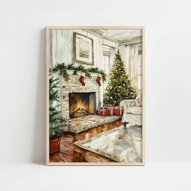 Cozy Christmas Fireplace Art Print | Holiday Home Decor | Christmas Tree and Fireplace Wall Art .Poster Xmas Wall Decor - No Frame