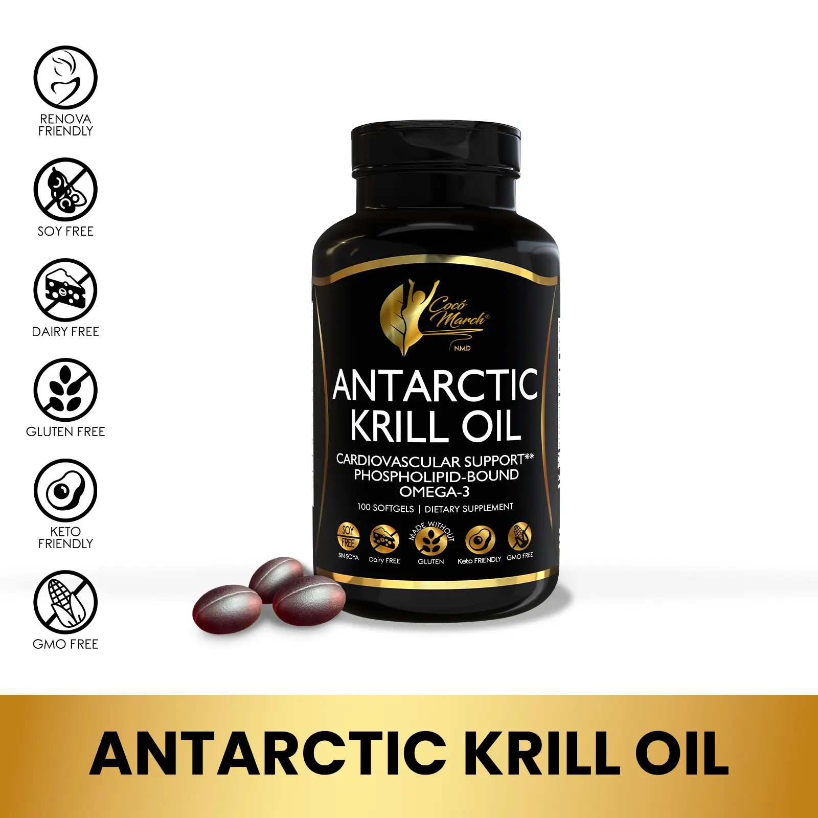 Cocó March N.M.D Antarctic Krill Oil Omega-3 Dietary Supplement, Essential Fatty Acids Wellness Supplement for Adults, DHA EPA - 100 Softgel Capsules