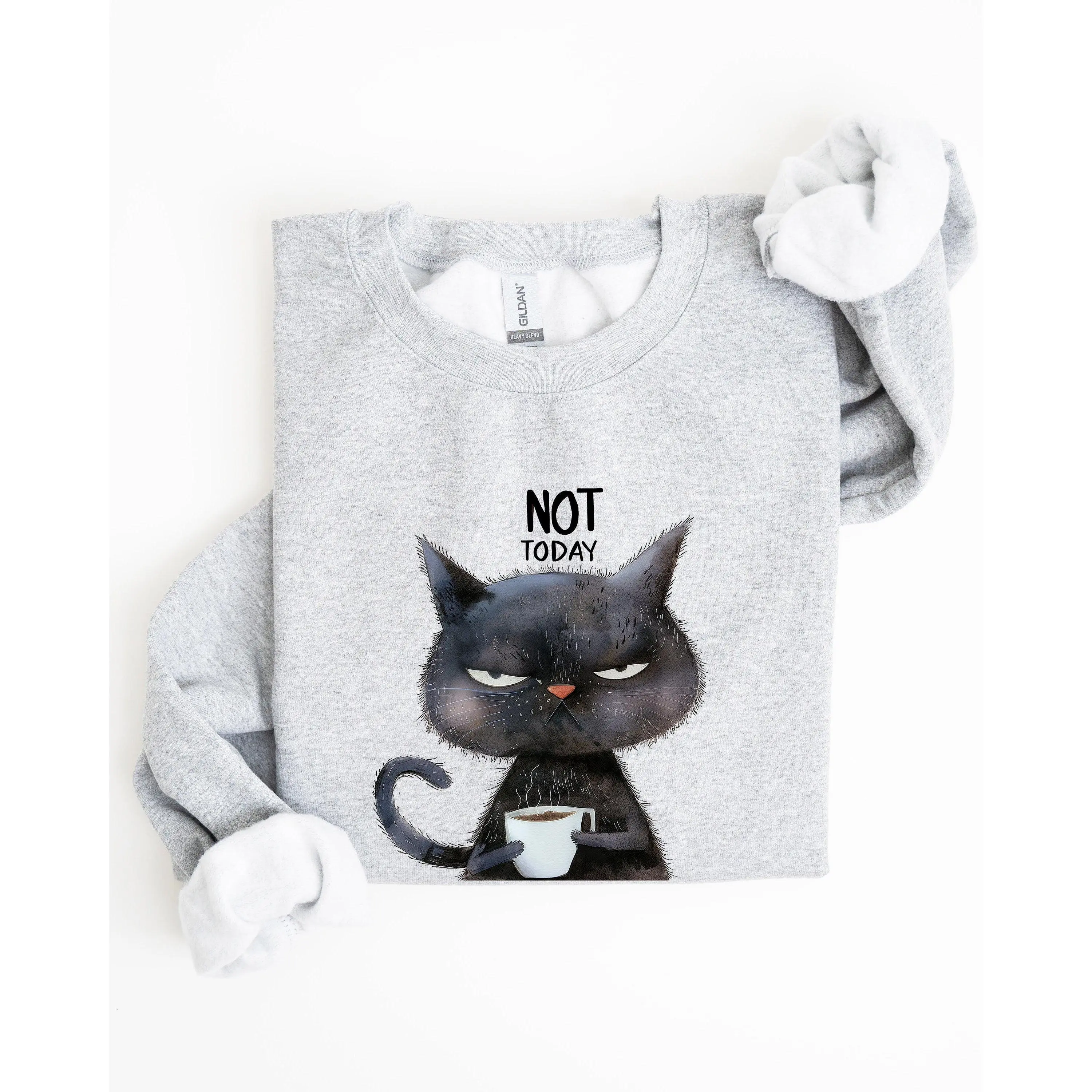 Not Today, Cat, Grumpy, Coffee, Funny, Meme Sweatshirt, Women's Crew Neck, Crewneck