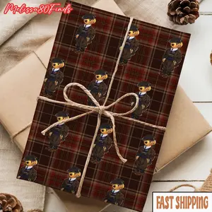 Tartan Teddy Bear Christmas Wrapping Paper Roll, Dark Heritage Holiday Gift Wrap, Classic Plaid Christmas Decor-Luxury Matte or Glossy Paper