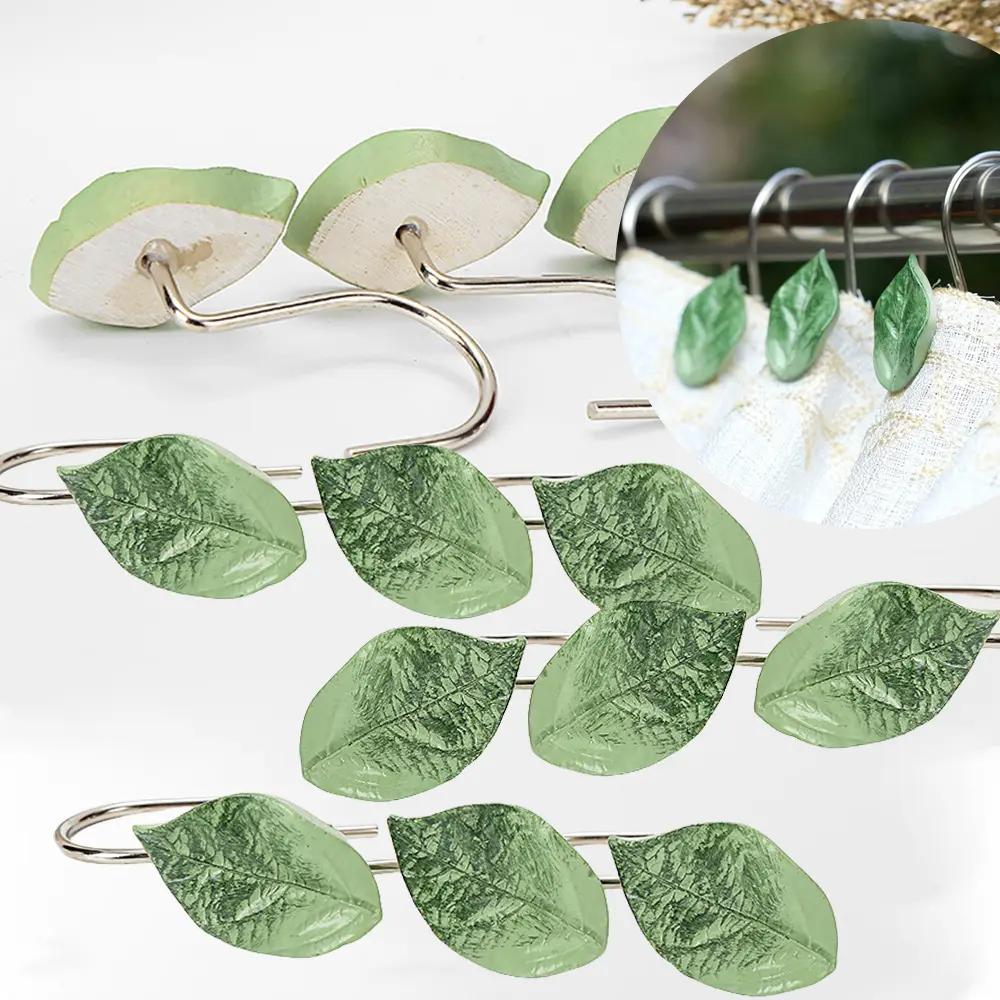 12pcs Leaf Shaped Resin Bathroom Curtain Hooks, Bathroom Accessories Supplies, Durable and Easy to Install Gift Shower