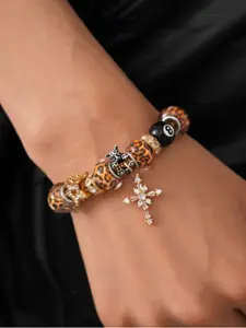 Leopard print bead cross pendant bracelet, star studded diamond design, retro geometric design, bohemian style accessory, unique gift creativity, Stackable Bracelets