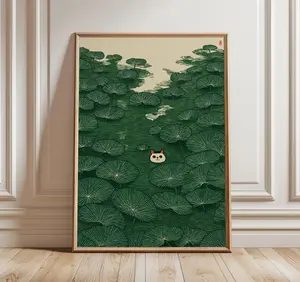 [SALE UP TO 50% + FREE SHIP]  Cat in Lily Pond Art, Japanese Style Print, Green Nature Poster, Whimsical Minimal Illustration