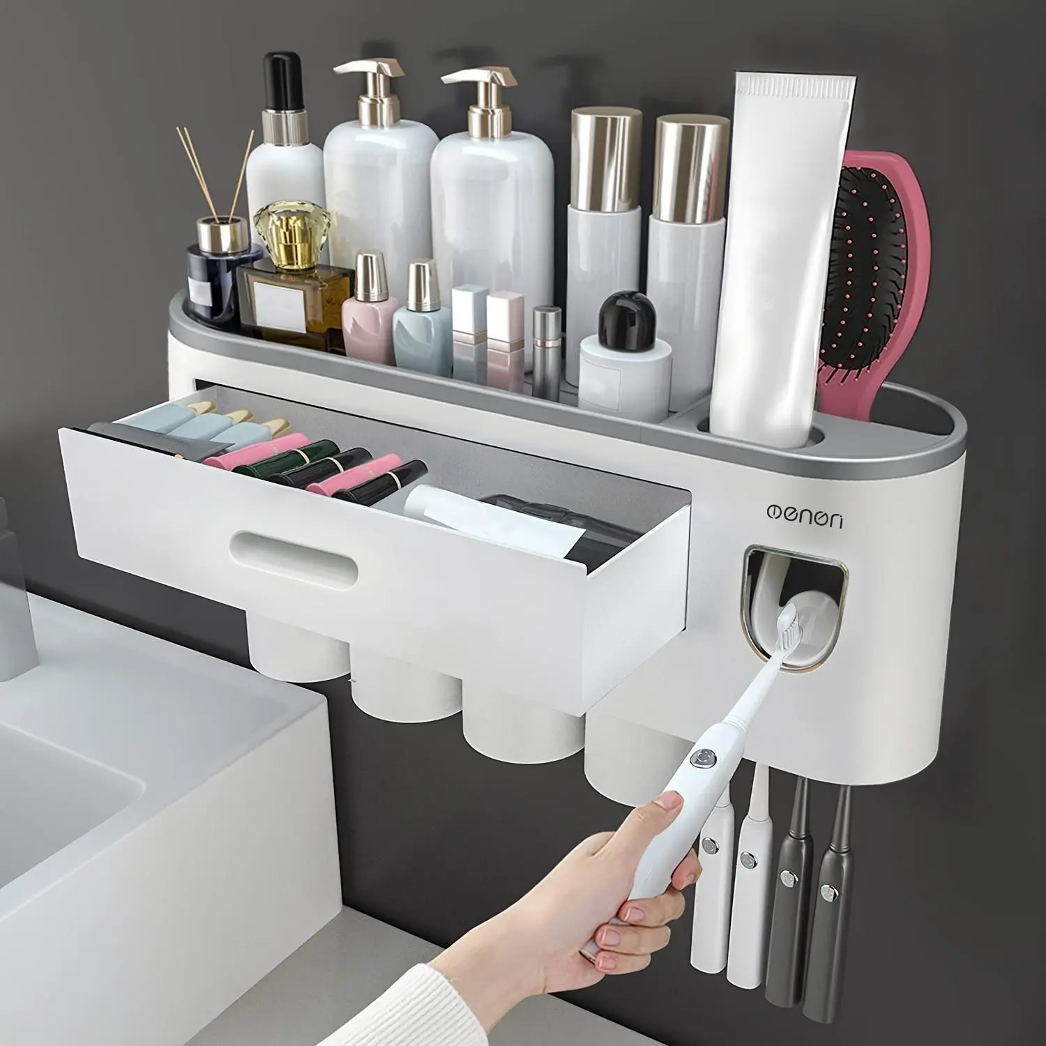 [Space-Saving] Wall-Mounted Toothbrush Holder | 4 Cups & 2 Cosmetic Drawers | Space-Saving Bathroom Organizer Set | Includes Toothpaste Dispenser | Easy Install