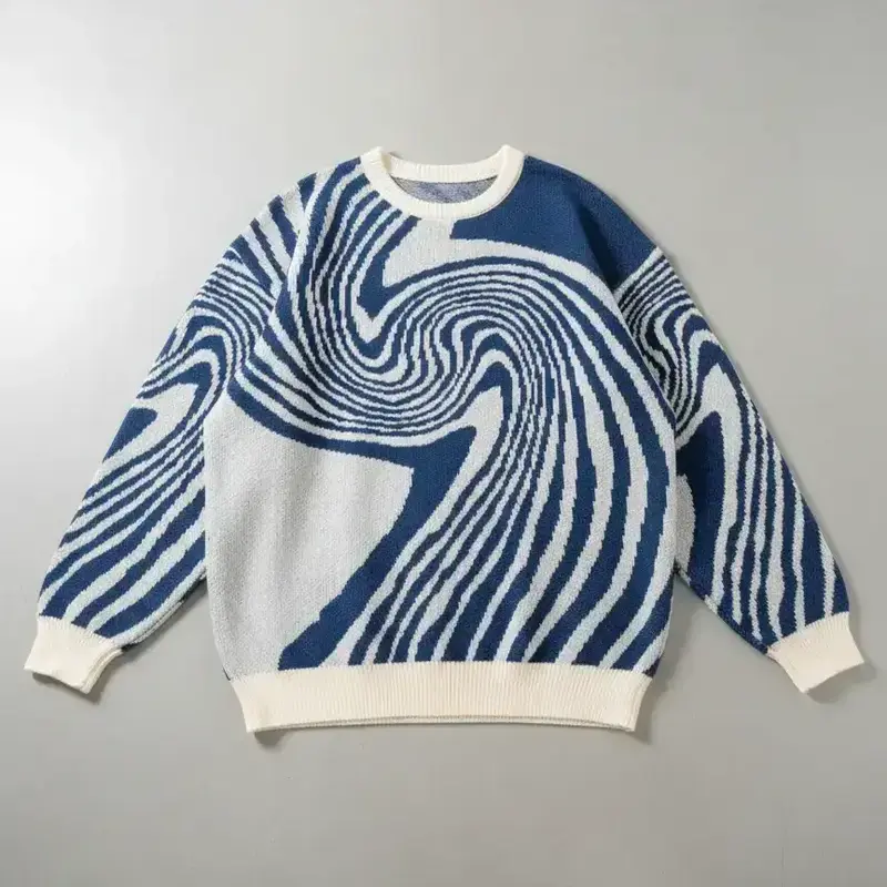 Men's All Over Print Striped Contrast Binding Long Sleeve Sweater, Regular Fit Casual Drop Shoulder Crew Neck Jumper, Stylish Men's Jacquard Knitwear Top For Daily Wear, Soft, Knit Graphic Print Pullover, Knit Sweater Clothing