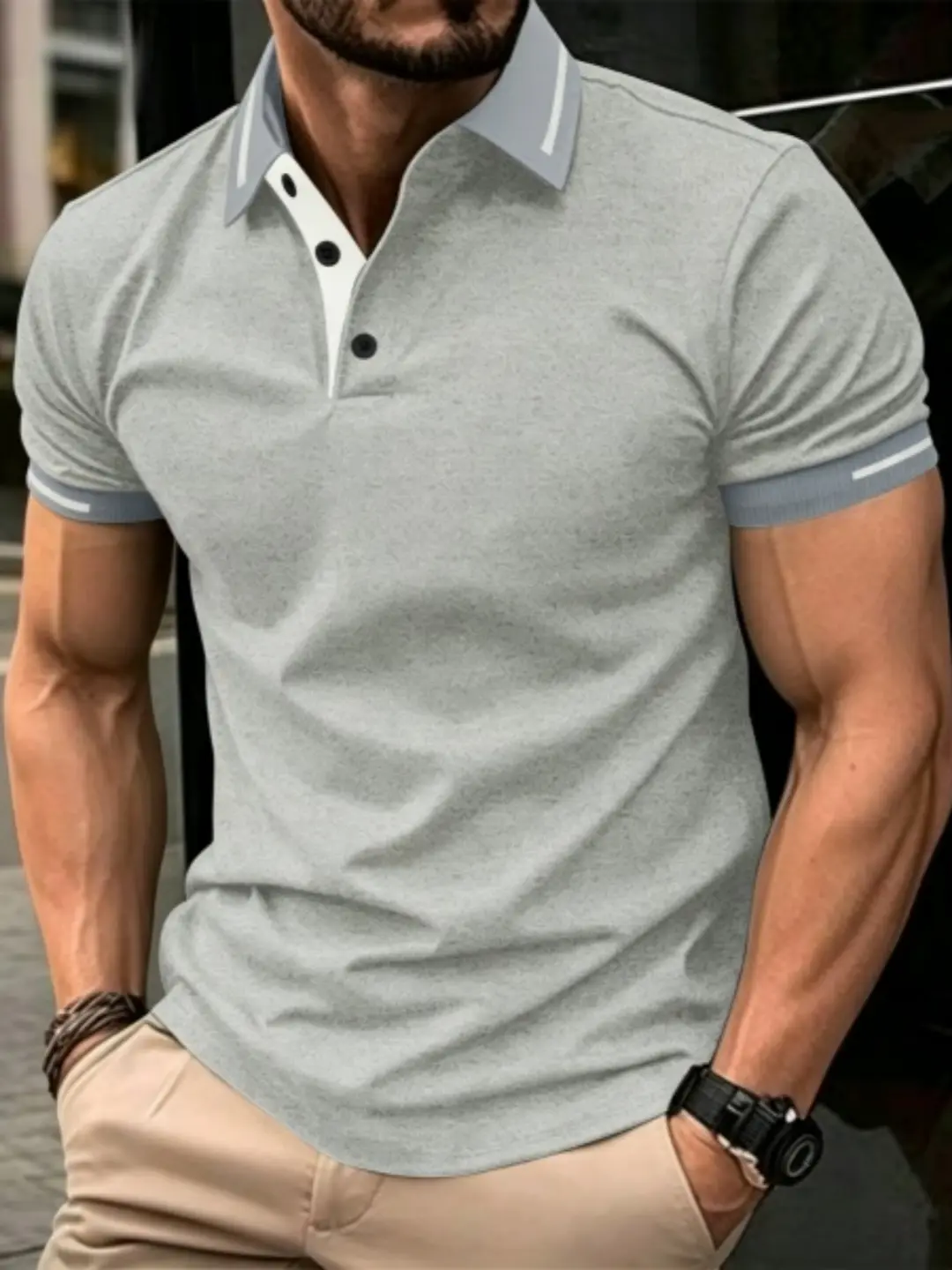 Men's Slim Fit Polo Shirt, Light Gray Solid Short Sleeve Performance Top, Wrinkle-Resistant Polyester for Business Casual & Golf, M Lightweight Breathable Polos Shortsleeve Day Elastic