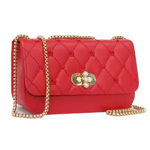 Small Size Women's Elegant Quilted Crossbody Bag with Ornate Pearl-Embellished Gold-Tone Clasp
