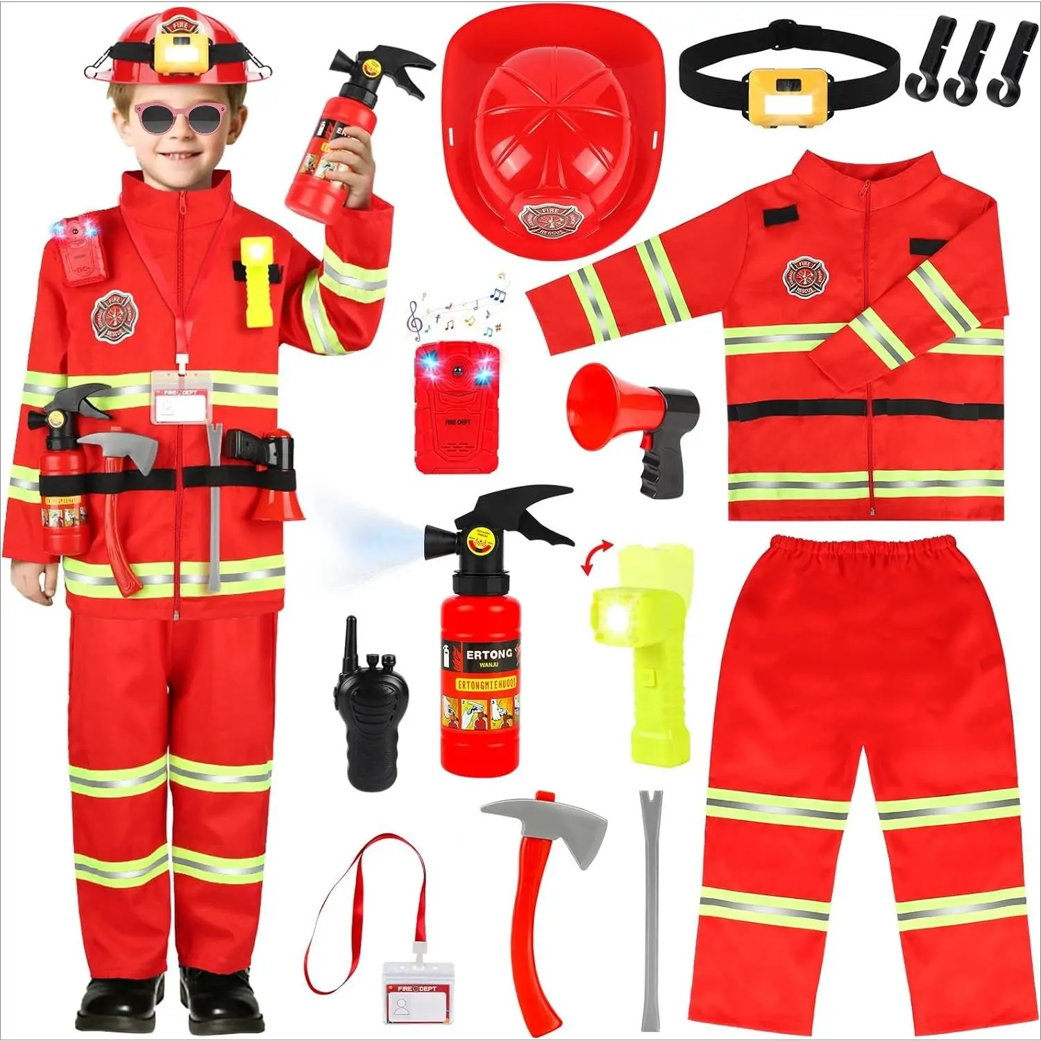 Kids' Firefighter Costume Pretend Play Set for Boys with Polyester Reflective Uniform, Helmet with Lights, Water Spray Extinguisher, Name Tag & Pry Bar for Halloween, Pretend Play Toys, Children's Day, Cosplay Gear, Firefighter Accessories, Reflective Str