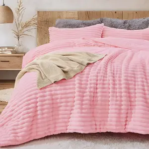 King Comforter Set 3 Pieces - Soft Fleece Comforters King Size, 1 Luxury Marshmallow Comforter with 2 Pillow, Faux Fur Down Alternative Bedding Set, Pink