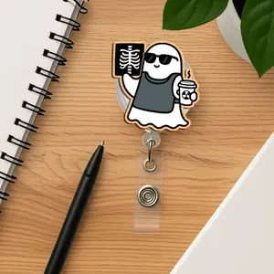 Ghost Radiology Badge Reel, Funny X Ray Tech ID Holder, Halloween Medical Badge Clip, Nurse Doctor Spooky Work Accessory Gift, Coffee Badge