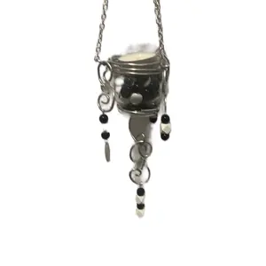 Hangable Hurricane Candle Holder with Sea Glass, Gems and LED Candle, Indoor/Outdoor Decor, Black/White Embellishments Hanging Light