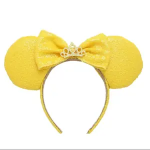 Beautiful Yellow Golden Crown Magical Ears Sky Blue Bow Mouse Headband Handcrafted Sparkly Ears with Soft Lining for Comfort and Durability Perfect for Theme Park Days and Special Occasions