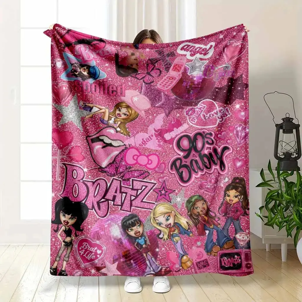 BRATZ Pink Y2K Diva Flannel Throw Blanket, cooling blankets cooling blanket blankets quince bedding, Glitter Hearts Butterfly Disco Ball Print Soft Warm Lightweight Cozy Blanket Bedroom Sofa Dorm Party Sleepover Decor Gift For Y2K Aesthetic Lovers