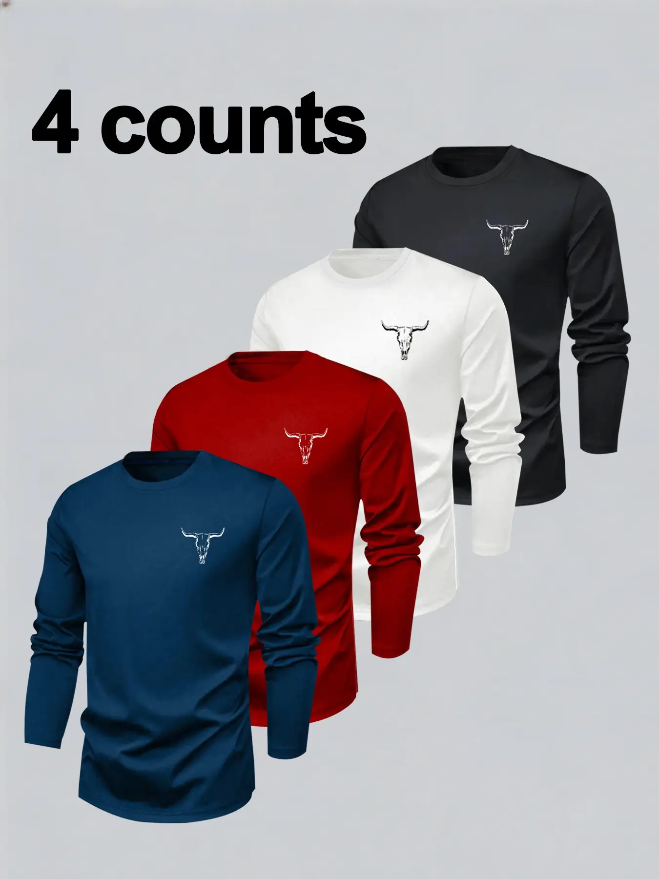 Men's Classic Menswear 4-Piece Set Underwear, Horn Graphic Pattern Print Versatile Long Sleeve T-Shirt, Casual Graphic Tee, Casual Comfy Fit Fitted Top for Fall & Winter