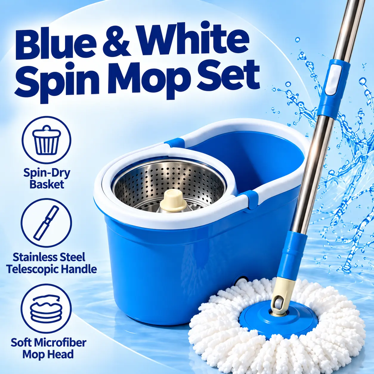 Spin Mop and Bucket with Wringer Set, 360° Spinning Mop Bucket System with 3 Microfiber Mop Replacement Spin Mop and Bucket with Wringer Set, 360° Spinning Mop Bucket System with 3 Microfiber Mop Replacement