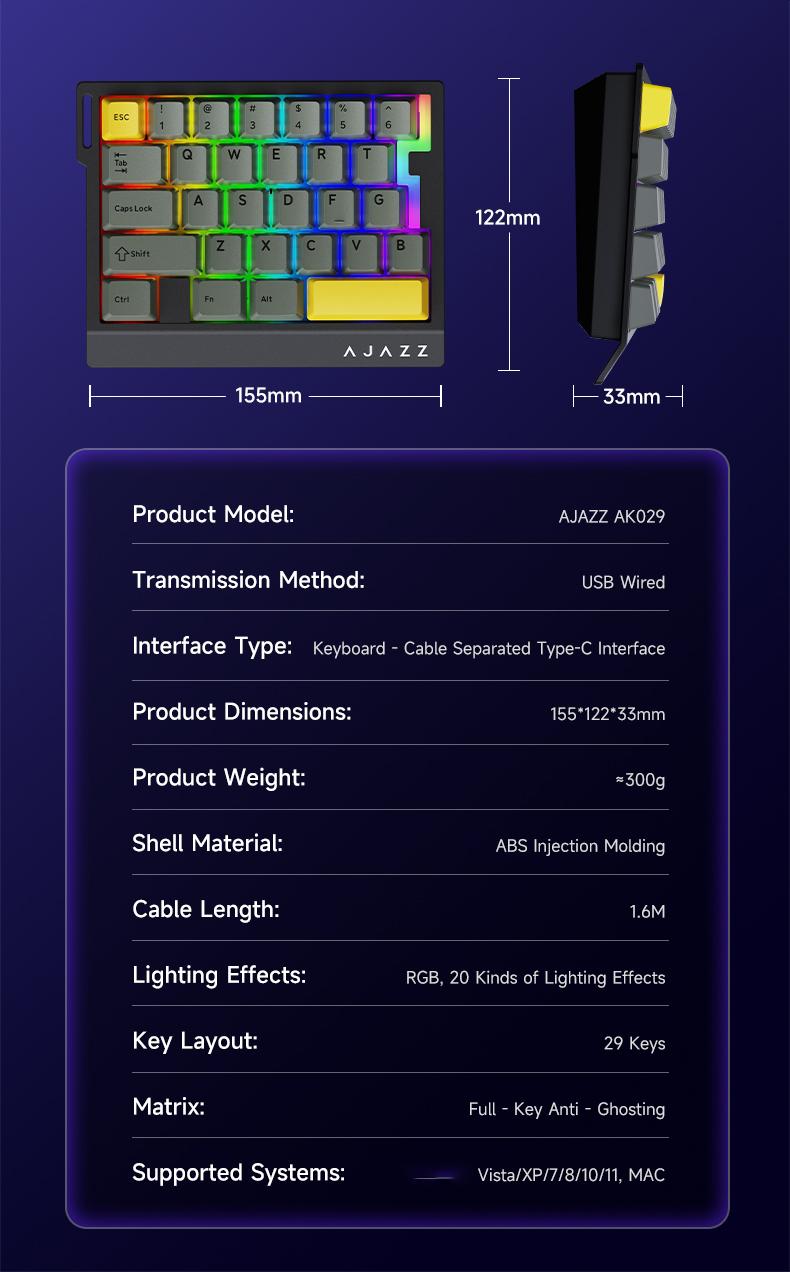 AJAZZ AK029 Single-Handed Wired Magnetic Gaming Keyboard 8K Hz, RGB, 0.01mm RT Precision，29 Keys, For FPS Gaming Colorful RGB  Backlight Web Driver Support Gaming Keyboard